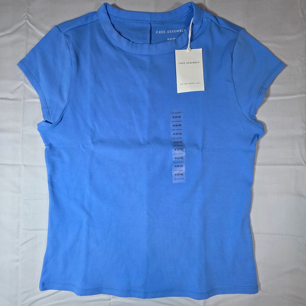 Free Assembly Womens Blue Short Sleeve Ribbed Crew Neck Tee Size M 8-10